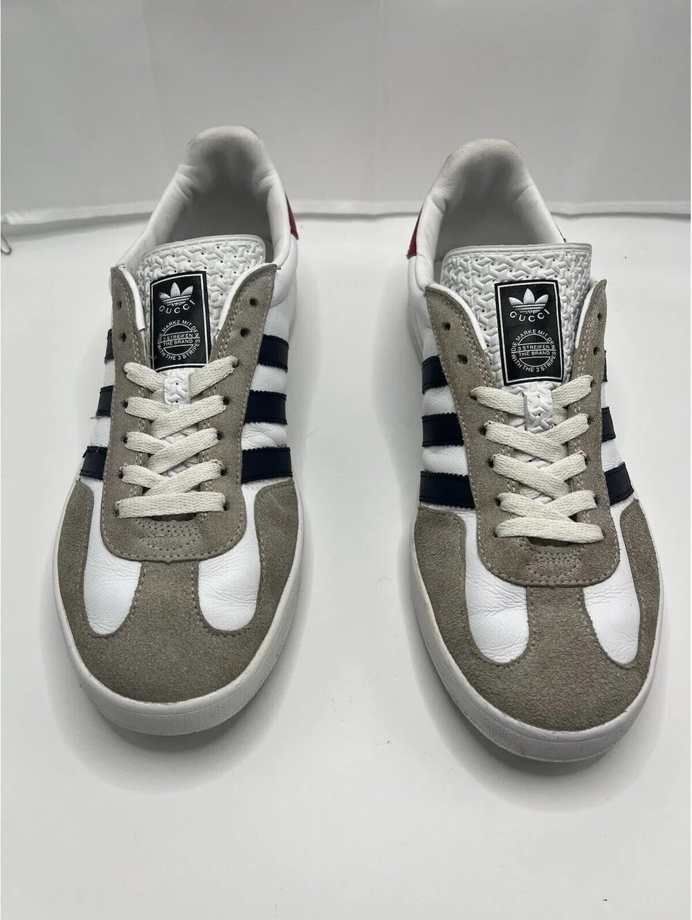 Gucci x Adidas Gazelle Mens 11 White Leather Suede Navy Red Sneakers Authentic